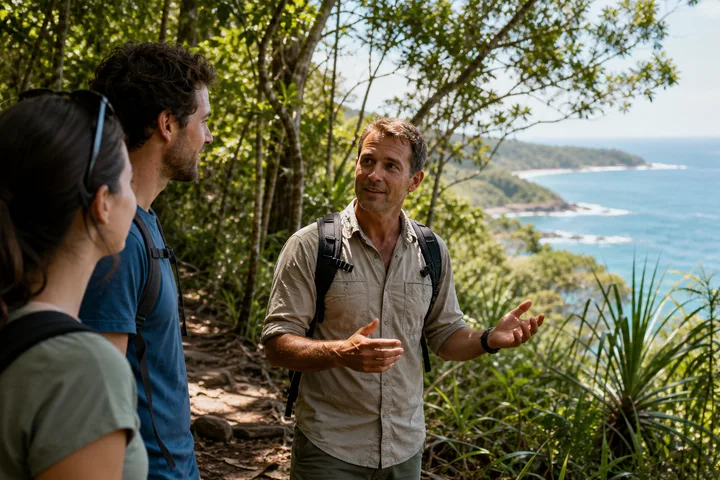 Local guide leading guests on an Australian coastal rainforest walk